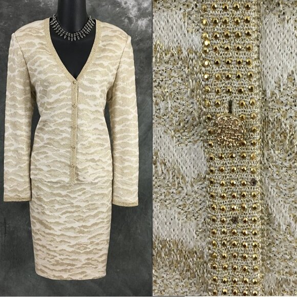 BEAUTIFUL St John evening knit ivory gold rhinestones embellished skirt suit 8